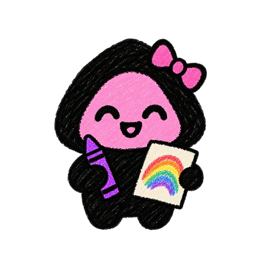 Little Crayon, a cheerful pink artist with a crayon and rainbow drawing