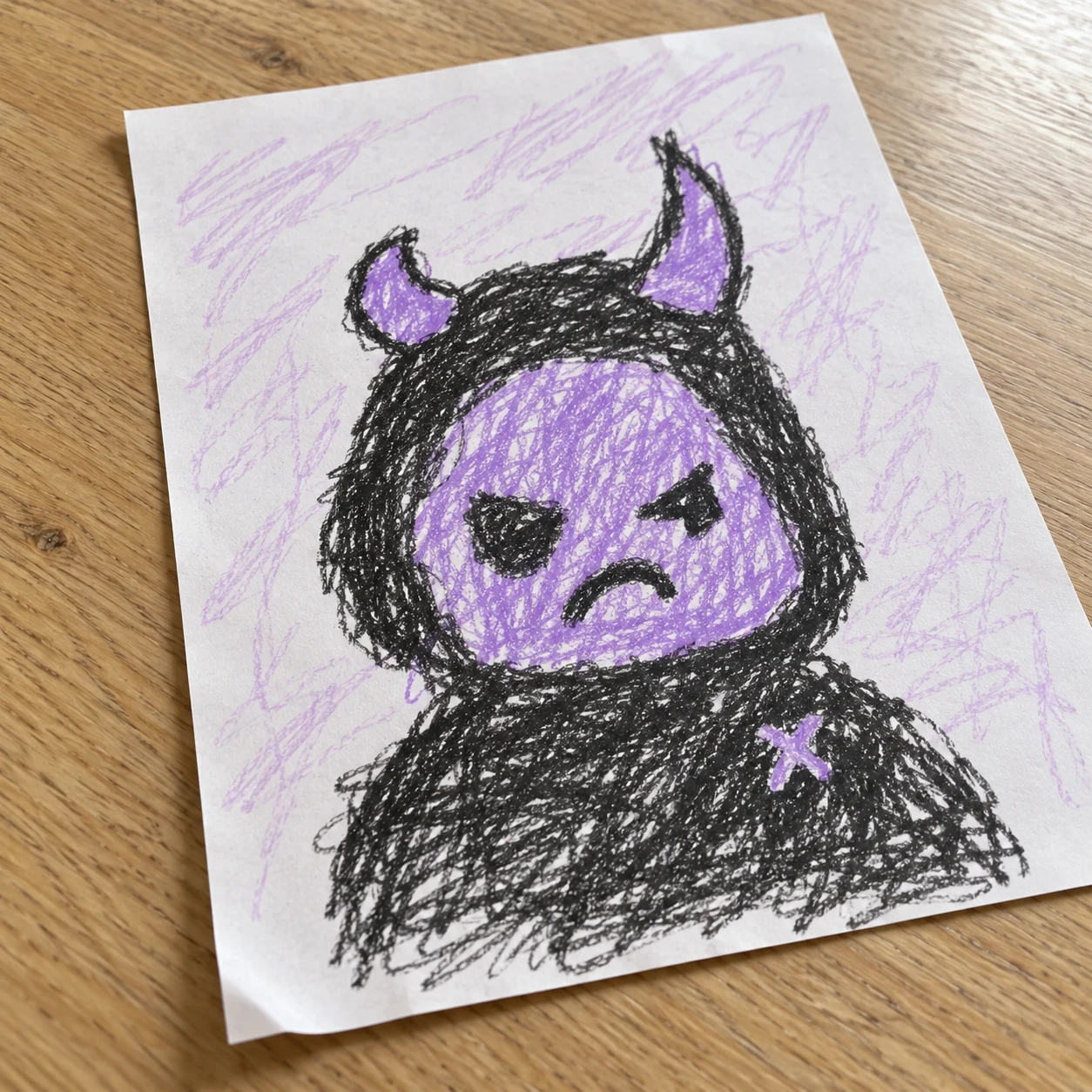 A grumpy purple Crayon with horns, drawn on purple-scribbled paper on a wooden table